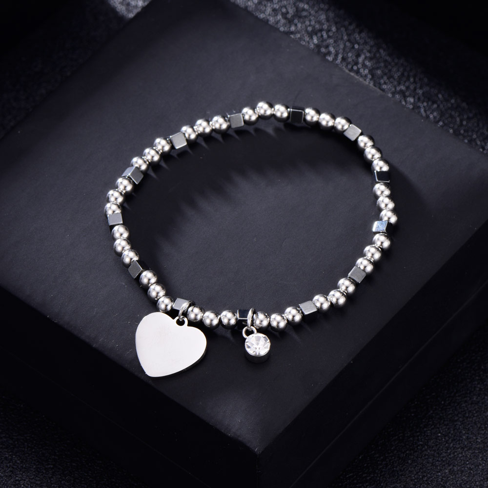 Pulsera colgante de corazón de acero inoxidable para mujer, pulsera brillante con cuentas de cristal CZ, pulseras para mujer, ,