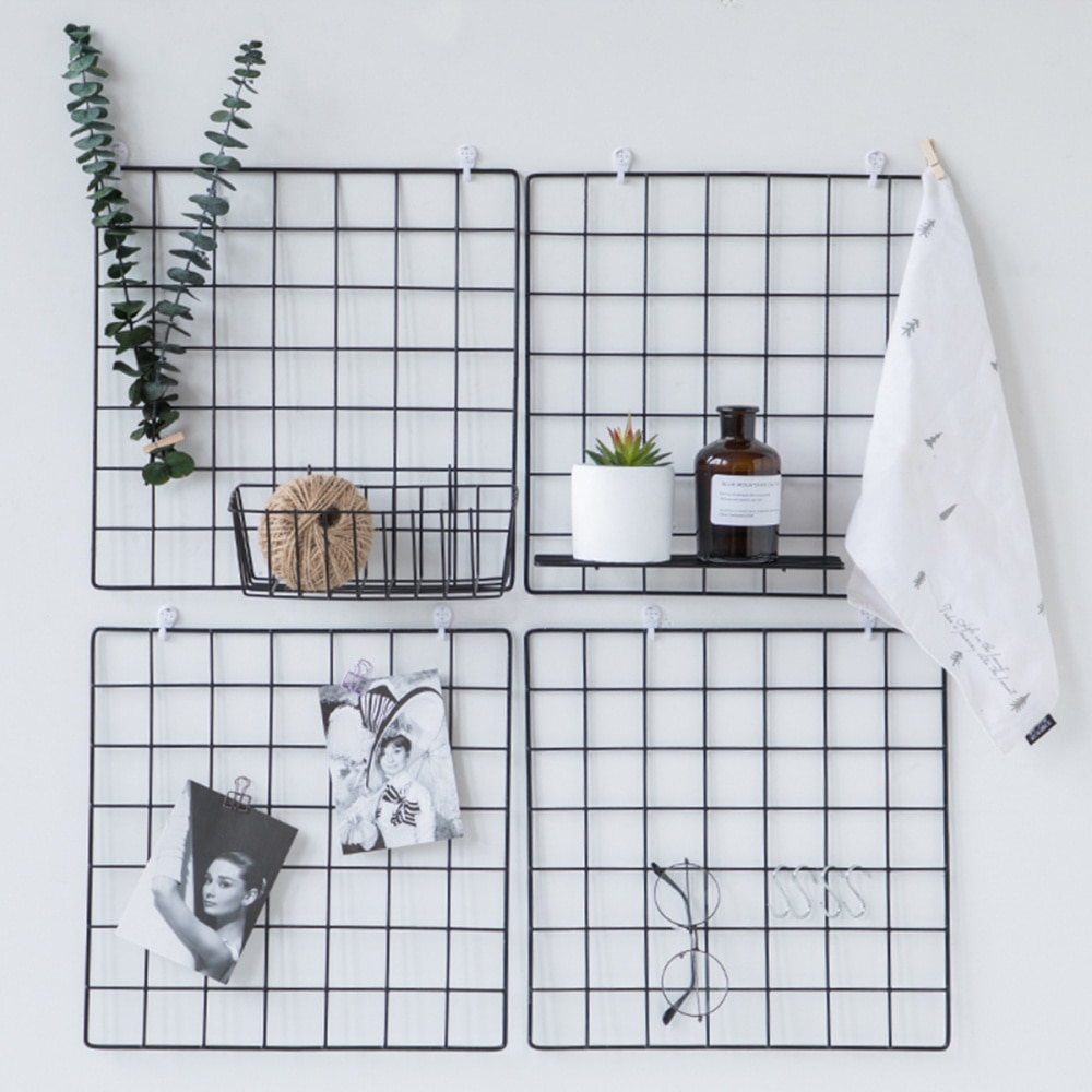 Hanging Photo Frame Metal Wall Mesh Grid Bedroom Living Room Iron Multi-Frame Photos Storage Rack Home DIY Decoration (Black)