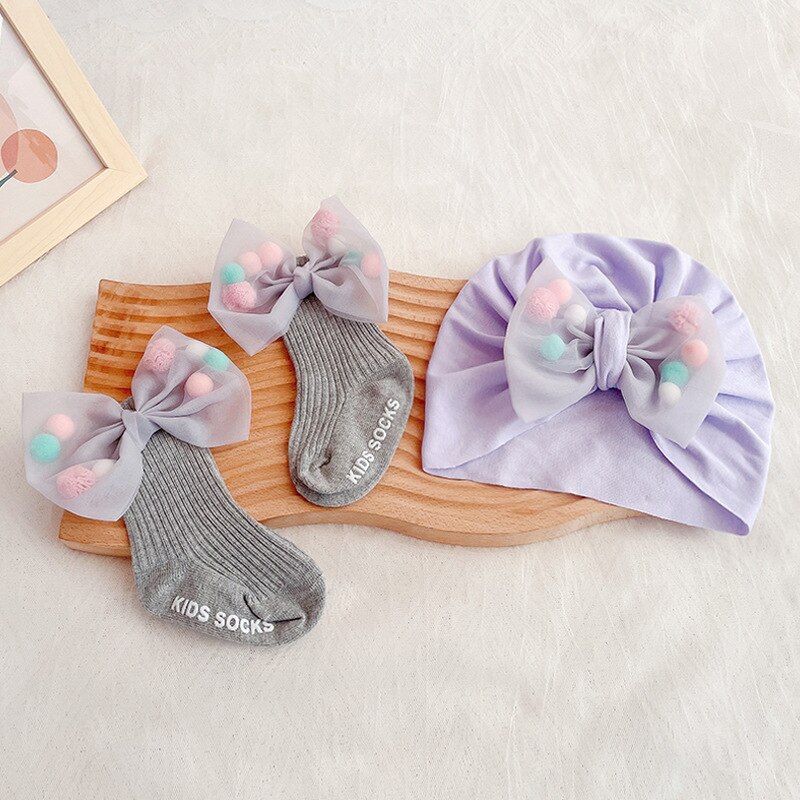 2 Stuks Baby Meisje Hoed Sokken Set Zomer Katoenen Sokken Voor Pasgeborenen Leuke Kant Boog Foetale Cap Baby Meisjes Douche Milamiya: 05