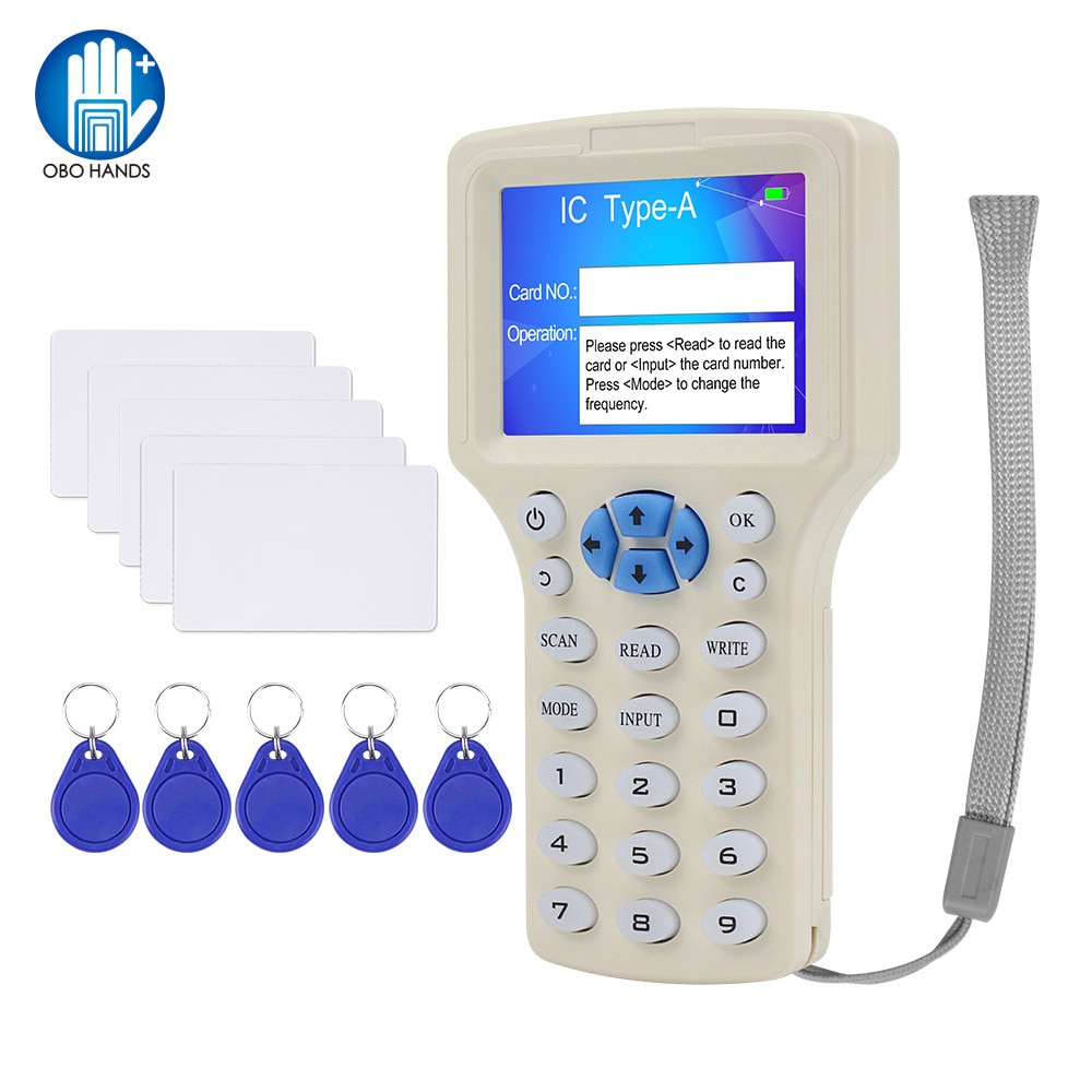 English 10 Frequency RFID Duplicator Copier Writer Card Reader Key fobs Programmer USB ID IC 125KHz 13.56MHz Encrypted Decode