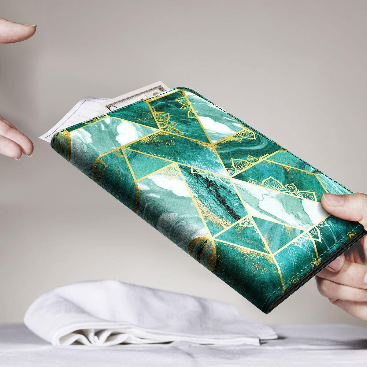 Server Book for Waitress Waiter Marble Style Zipper Pouch with Pen Holder Zipper Pockets ID Checks Holder Receipt Organizer