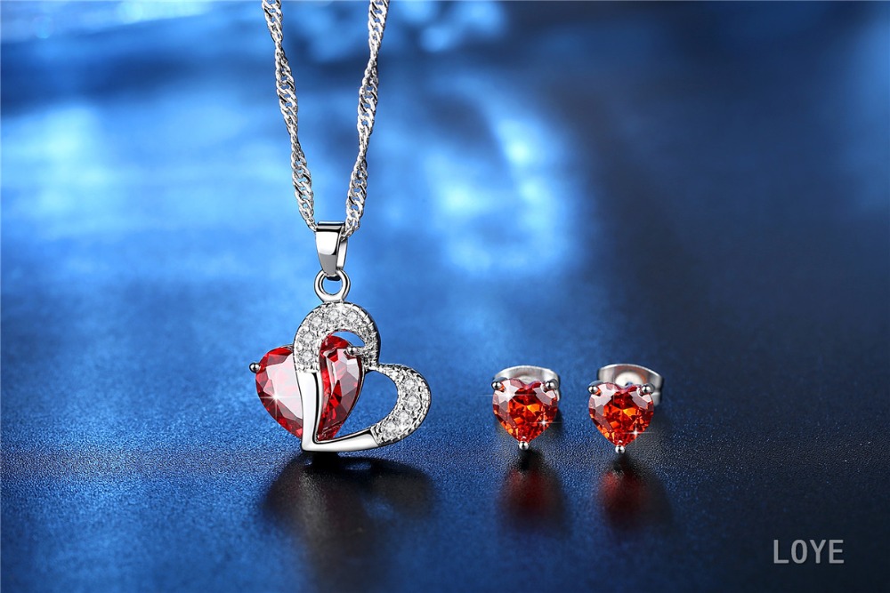 Rød / lilla / hvid krystal afrikanske smykkesæt 925 sølv hjerte rhinestone brude halskæde øreringe til kvinder jul
