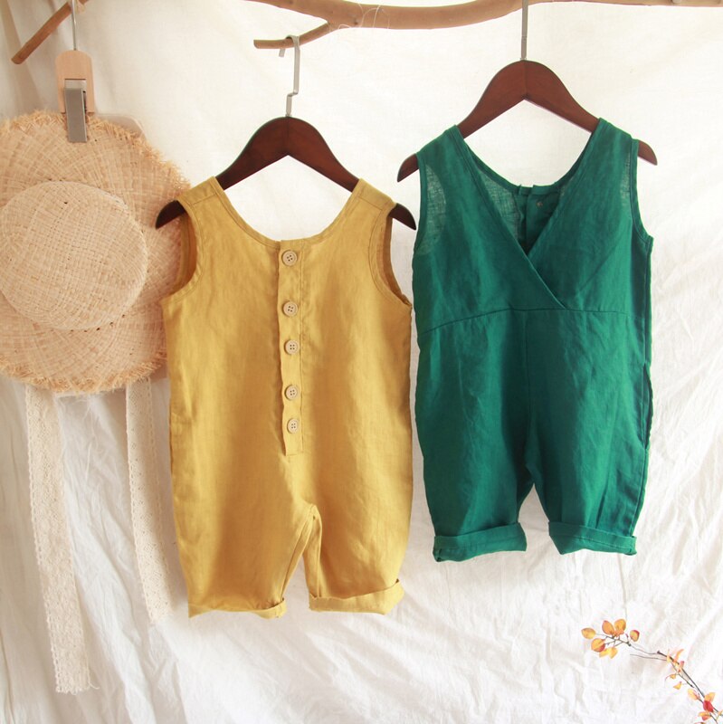 Enfants combinaisons coréen japon garçons filles lin combishorts sans manches combinaisons 1-7 ans