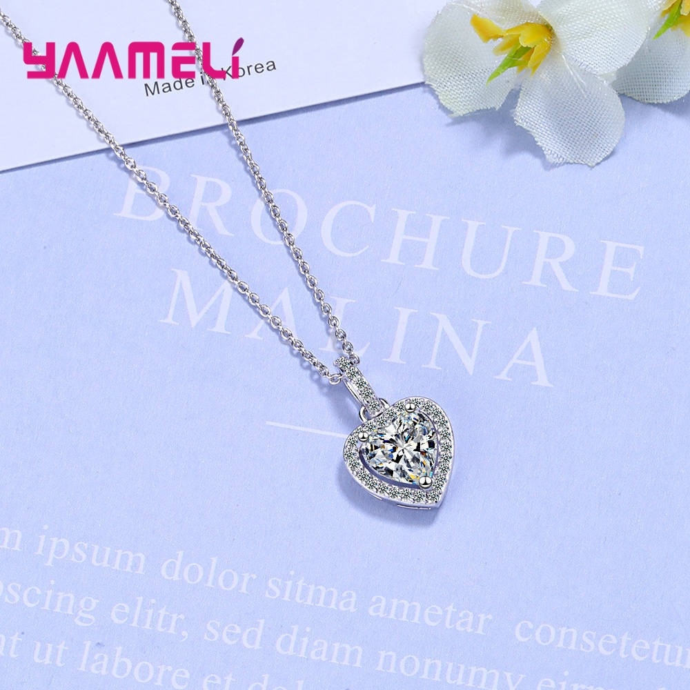 Romantic Mosaic Heart Shaped Pendant Necklaces for Woman Fine 925 Sterling Silver Rhinestone Cubic Zirconia Birthday