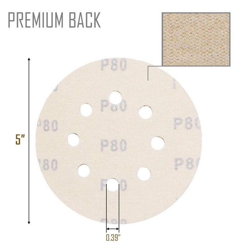 5-Inch 8-Hole Hook and Loop Sanding Discs, Orbital Sander Sandpaper Discs, 100 Pieces, Include 60,80,120,150,220 Grit