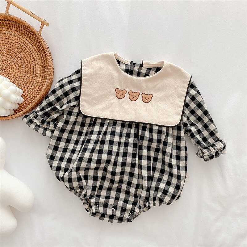 Body en coton à manches longues pour bébé, à carreaux, ours brodé, pour garçon et fille, une pièce, printemps automne: Black Plaid / 24M