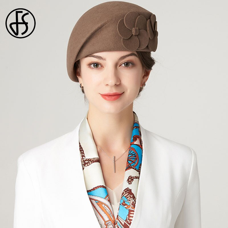 FS Winter Hats For Women Beret Wool Felt Fedora Hat Black Red Hats Wedding Church Party Cocktail Ladies Female French Artist Hat: Brown