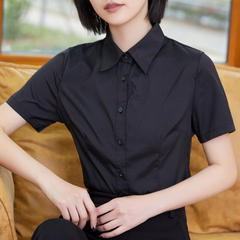 Camisa blanca blusa, camisas para mujer, blusas para mujer, camisas de trabajo de manga corta, Tops, de oficina para mujer, camisa rosa elástica OL 5XL ropa mujer verano 2022 blusas de mujer bonitas y baratas: S / Black
