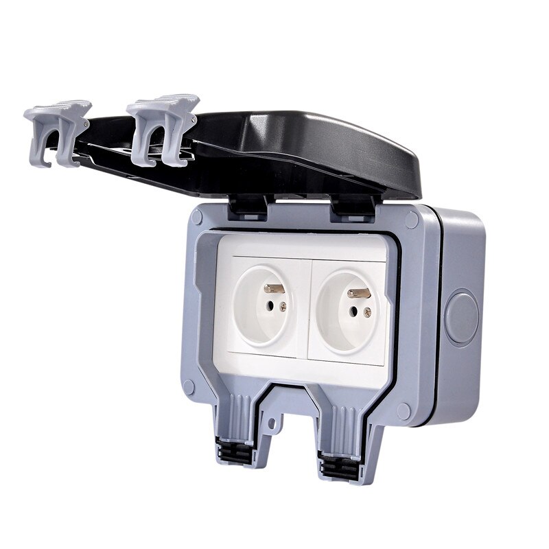 IP66 European Standard Waterproof Dual Power Socket Outlet Outdoor 16A 250V Wall Waterproof Dust-proof Electrical Outlet