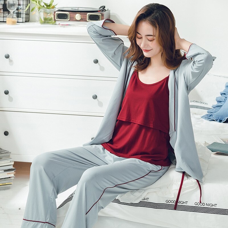 Vårsommer tre deler pleieklær etter fødsel v krage gravide kvinner hjemme ha på seg stor størrelse pyjamas gravid nattkjole: Xl