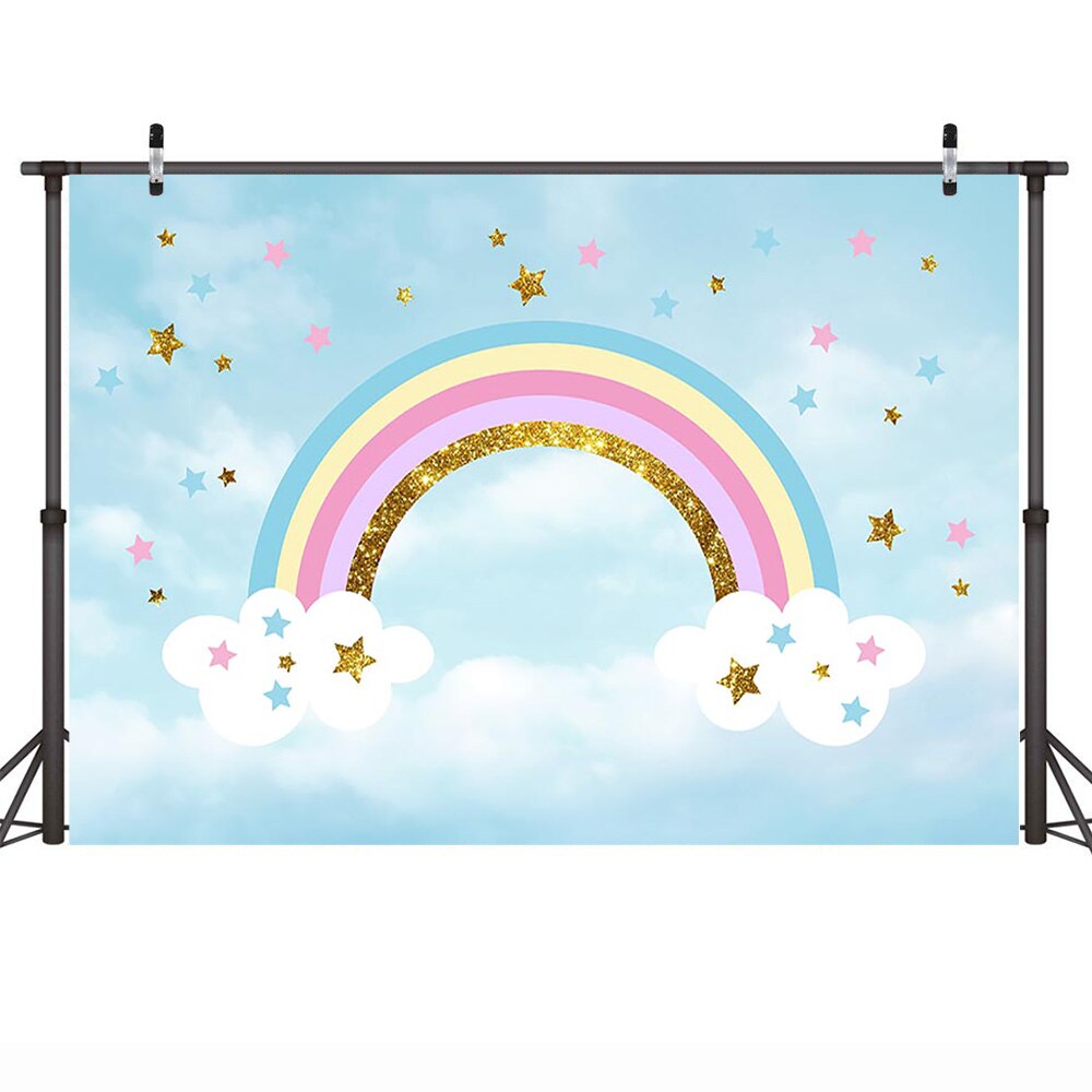 Rainbow Photography Backdrop for Photo Studio Blue Sky Cloud Children Birthday Party Dessert Table Background Rainbow Stars