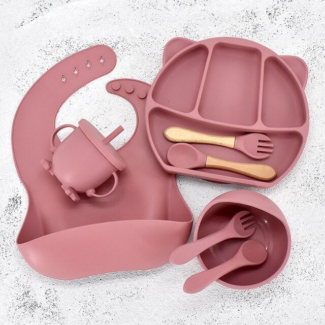 8PC Baby Silicone Sucker Plate Bowl Cup Spoon Fork Placemat Sets Food Grade Children&#39;s Compartment Training Dishes With Sucker: Panda Bean Pink
