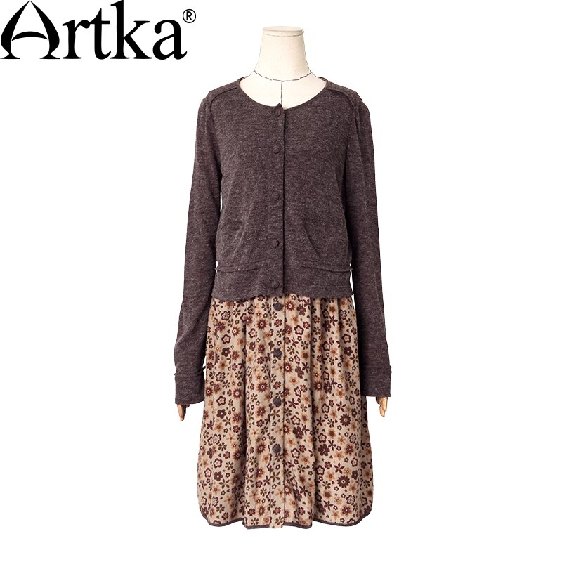 ARTKA-vestido de otoño con estampado Floral, conjunto de dos piezas con cuello redondo, manga larga, cintura imperio, a la , LA10437Q