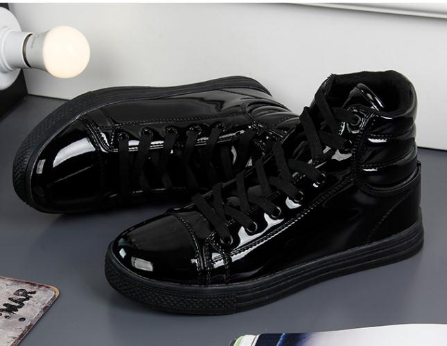 women and Men&#39;s High Top Patent Leather PU Casual Flats Shoes Man Outdoor Footwear Leather Ankle Boots Mens Martin Boots: black / 5