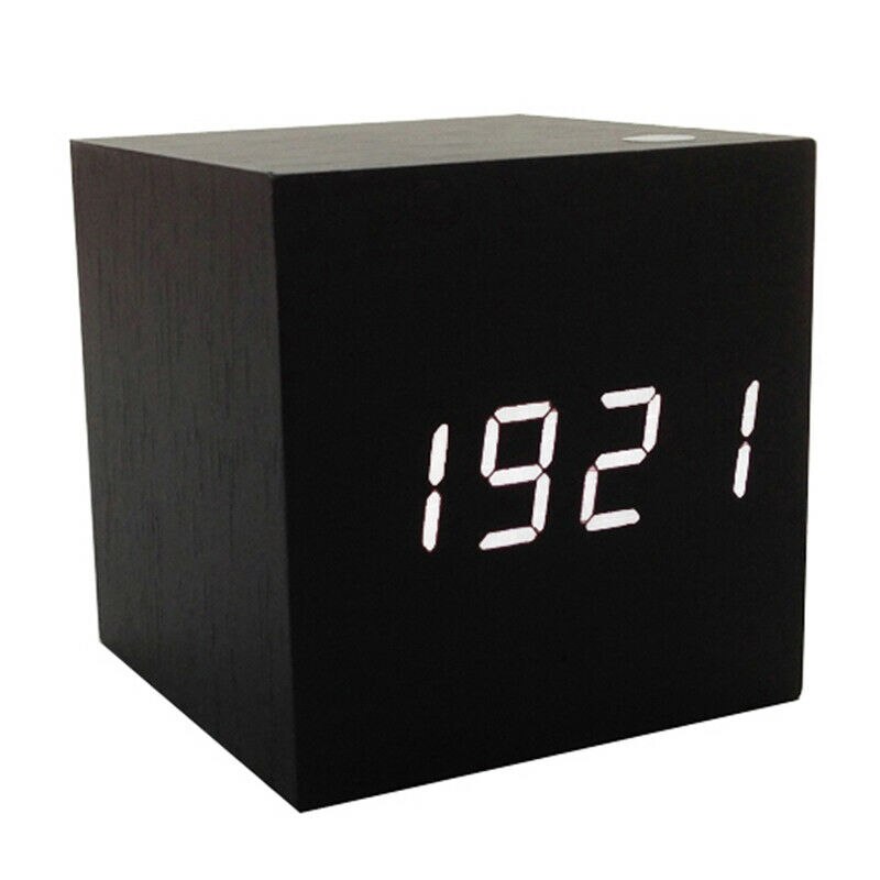 Digital LED Wood Wooden Cube Desk Clock Alarm Voice Control Thermometer Timer Calendar