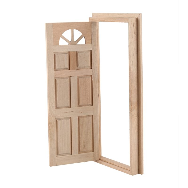 Puppe Haus Miniatur Unlackiert Holz Außen Einzigen Tür 6-Tafel Flache oben Holz farbe
