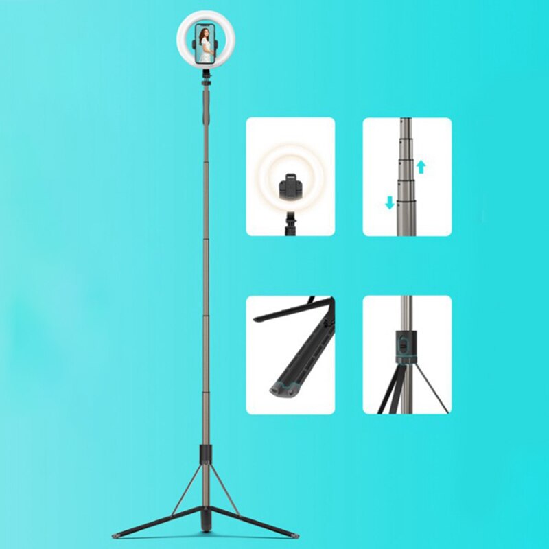 Selfie Pole Statief Met Licht Invullen 8 Inch 1.6M Telescopische Draagbare Live Desktop Vloer Led Licht Invullen Beugel