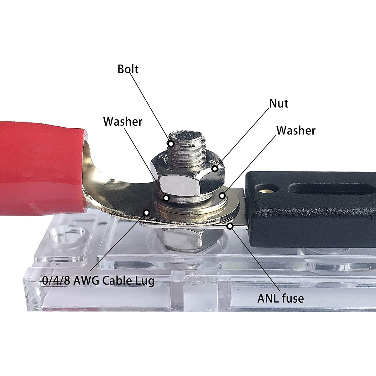 ANL Car Audio Fusível Power Fuse Holder 100A/150A/200A/250A/300A Fusível em linha 0/2/4/8 Gauge AWG Fusível aparafusado