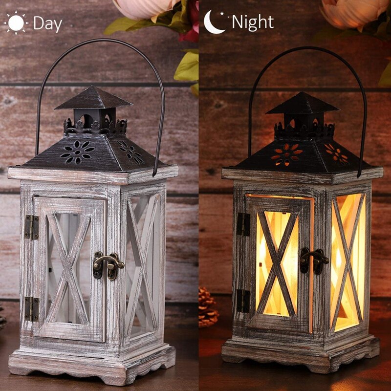 Paquete de 2 portavelas de farol decorativo, estilo rústico de madera para decoración colgante de pared de manto superior de mesa, uso en interiores y exteriores