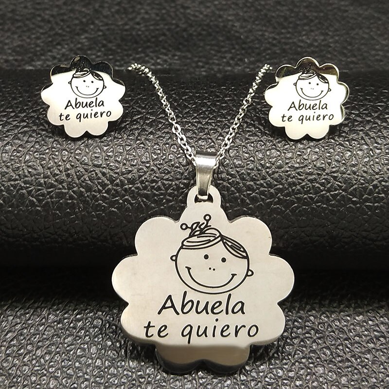 Abuela Rvs Oorbellen Ketting Set Sieraden Voor Vrouwen Zilveren Kleur Set Sieraden Aretes De Mujer 178621