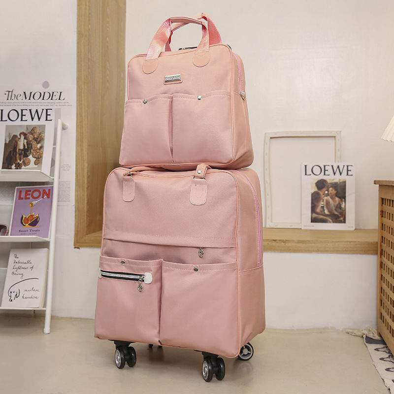 Women Trolley Luggage Rolling Suitcase Travel Hand Tie Rod Suit Casual Rolling Case Travel Bag Wheels Luggage Suitcase: Set of two-Pink