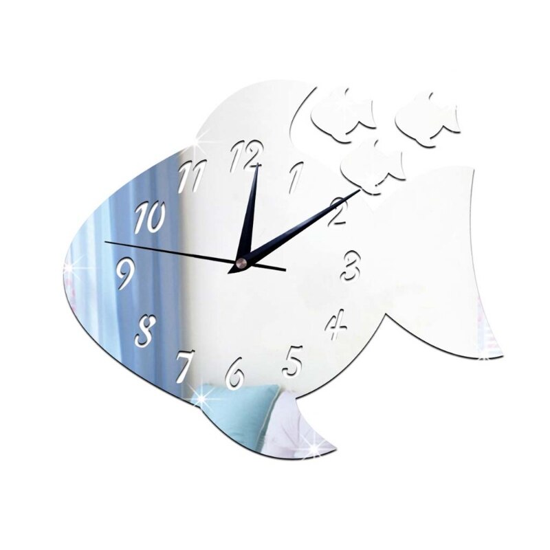 Leuke Vis Vorm Acryl Wandklok Spiegel Sticker Horloge Diy Sticker Voor Kinderkamer B36E: S