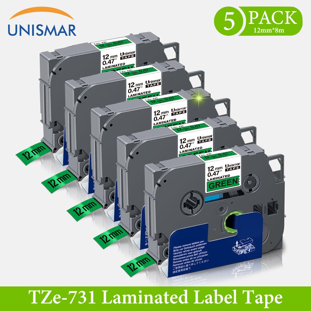 Unismar 6PCS for TZe131 TZe-231 TZe-431 TZe-531 TZe-631 TZe-731 Laminated Labeling Tape for Brother P-Touch PTD210 PTH100 PTD600: 5PK Black on Green