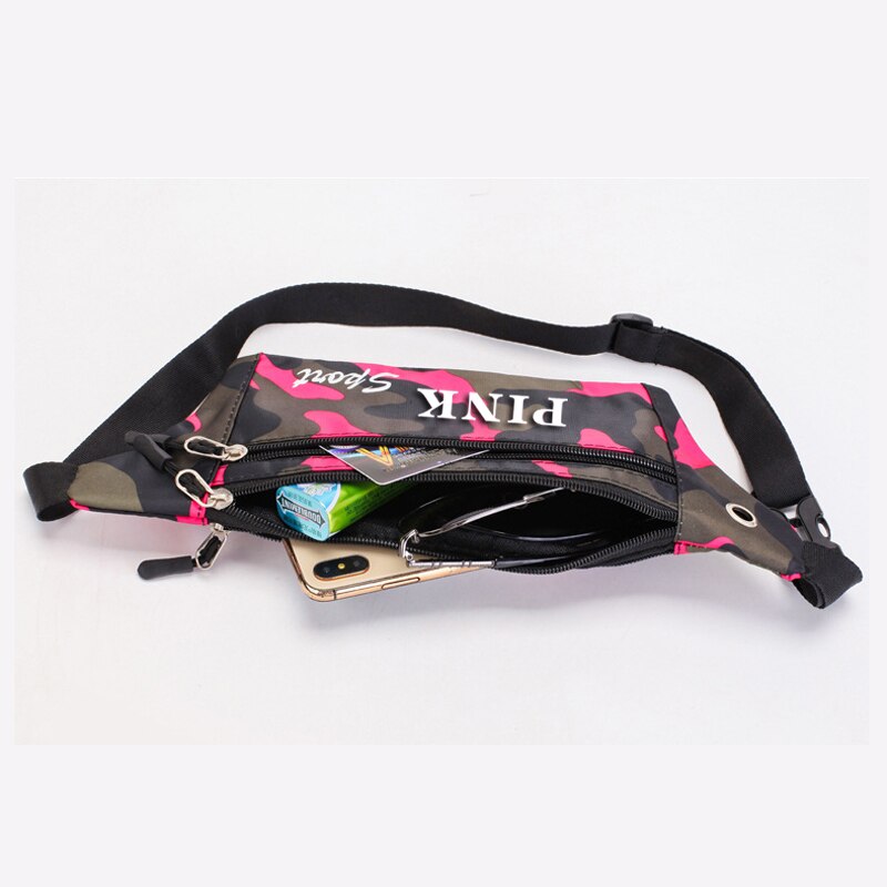 Roze Tas Vrouwen Camouflage Sport Tas Running Waterdichte Heuptas Outdoor Sport Leisure Messenger Heuptas Met Oortelefoon Gat