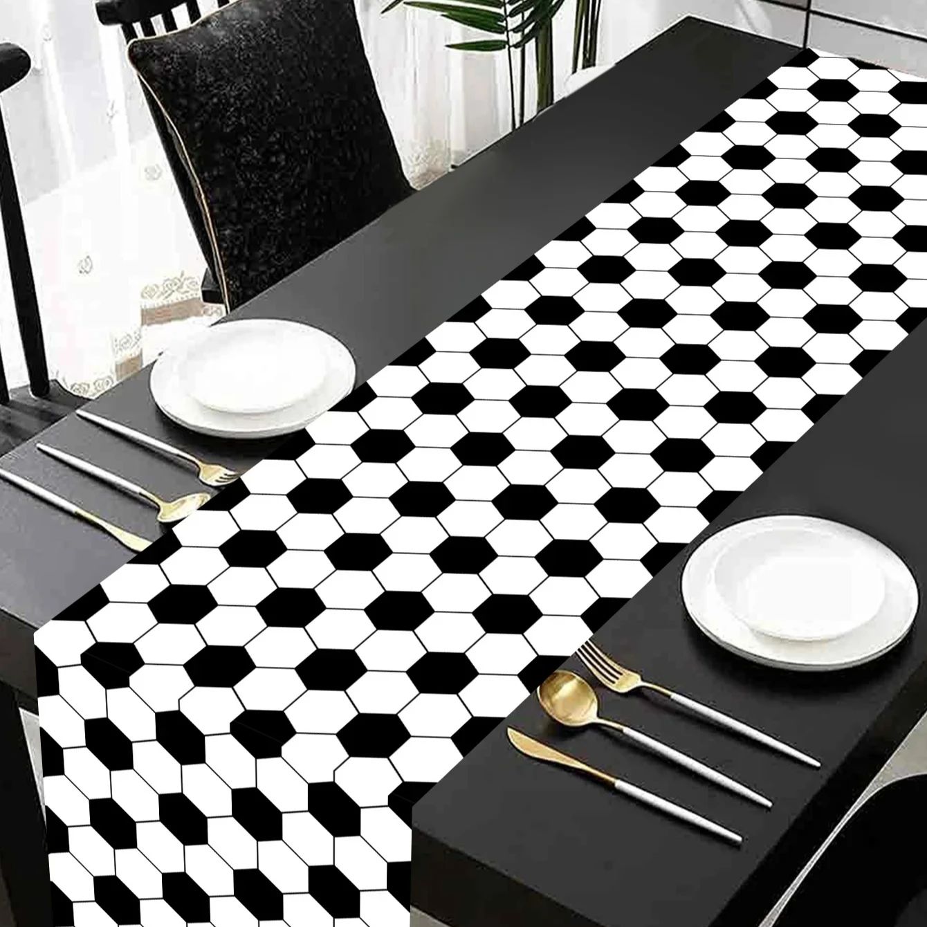 1pc Black White Checkered Table Runner Soccer Party Polyester Table Cover for Kitchen Home Birthday Party Picnic Supplies