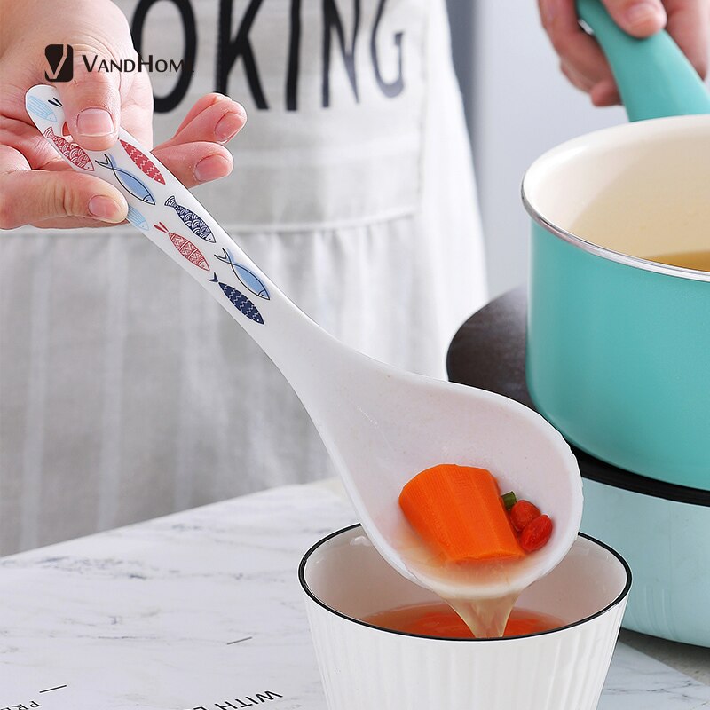 VandHome japońska łyżka robić serwowania chochla z włókna bambusowego z wzorem kreskówka długa rączka akcesoria kuchenne obiad łyżka robić zupy