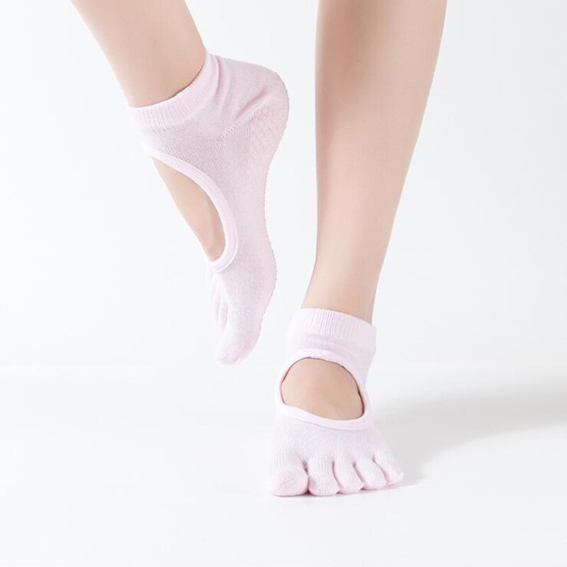 Kvinder yoga sokker rygløse fem fingre sokker gym fitness sport pilates dans ballet skridsikker 5 tå bomulds sokker fodtøj kvinde: Lyserød