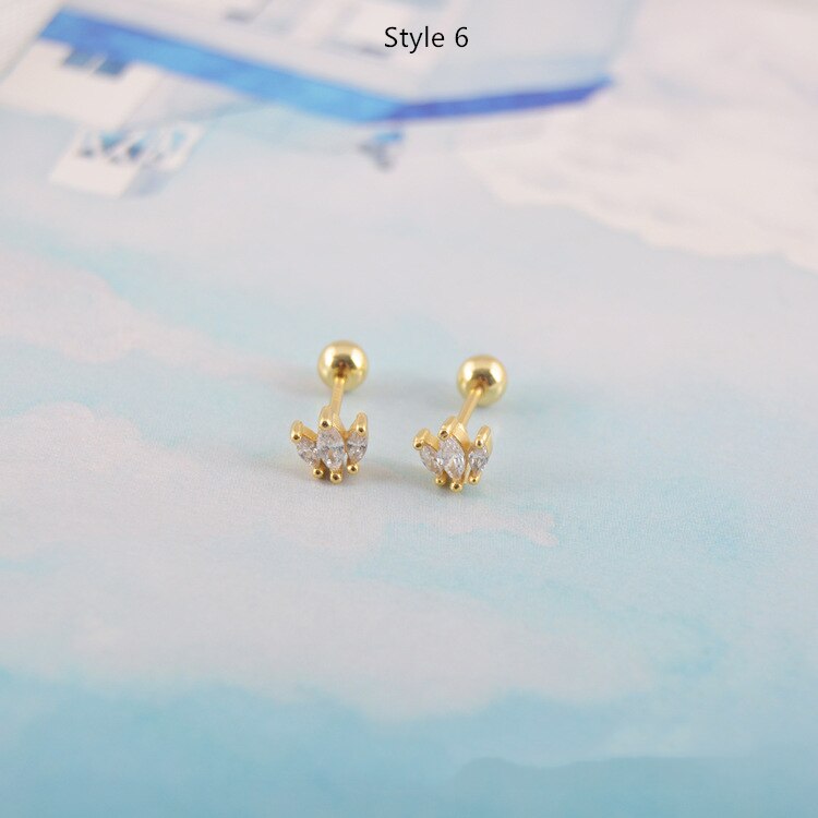 925 sterling silver earrings zircon mini crown screw stud earring ear bone nails wild trend woman girl ear jewelry: 1pair gold style6