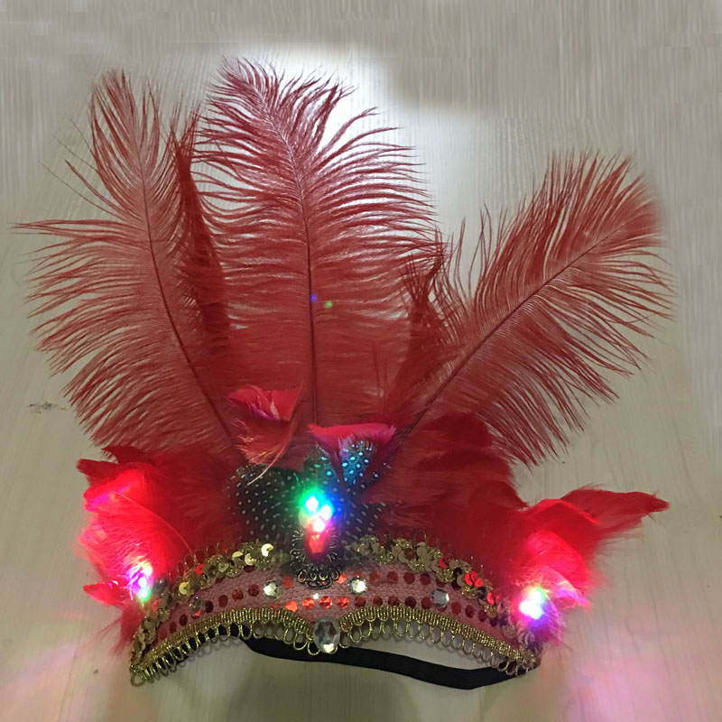 LED Glowing Feativel Hairband Female Feather Headband Hair Accessories Headdress Halloween Decoration Crown Neon Party