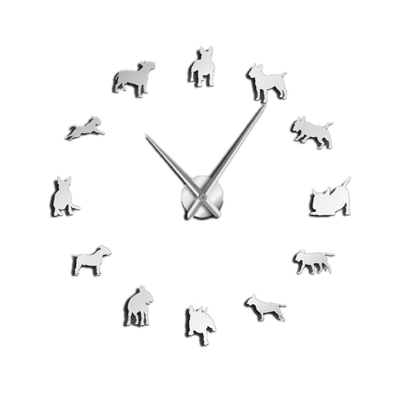 Bull Terrier Hond Muur Art Diy Grote Wandklok Hond Ras Pug Grote Naald Klok Horloge Pet Shop Decor voor Bull Terrier Liefhebbers: Silver