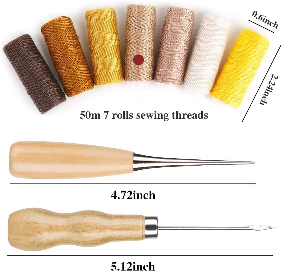 KAOBUY-Juego de Herramientas de costura para artesanía de cuero, con agujas de coser a mano, punzón, dedal, hilo encerado, remaches de costura para costura de cuero DIY