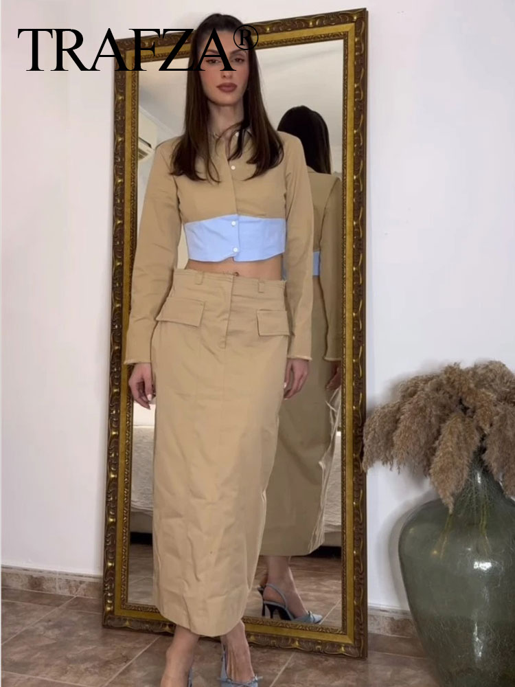 TRAFZA-Conjunto de falda caqui a la para mujer, blusa de retales, camisa recortada con botones de manga larga + faldas por debajo de la rodilla ajustadas con bolsillo frontal