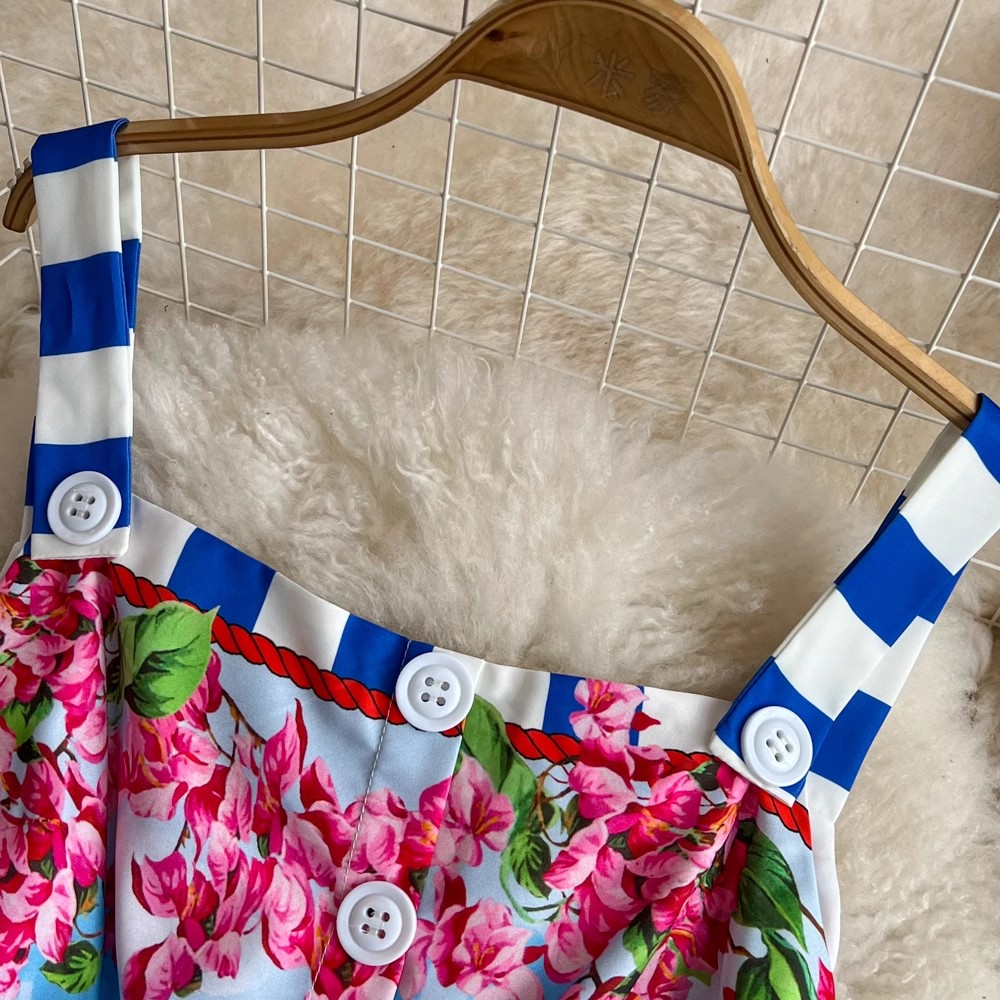 Sexet sommerkjole med off-shoulder-knapper og spaghettistropper til catwalken til kvinder, ærmeløs, blomsterprint, midi-vestidos til stranden