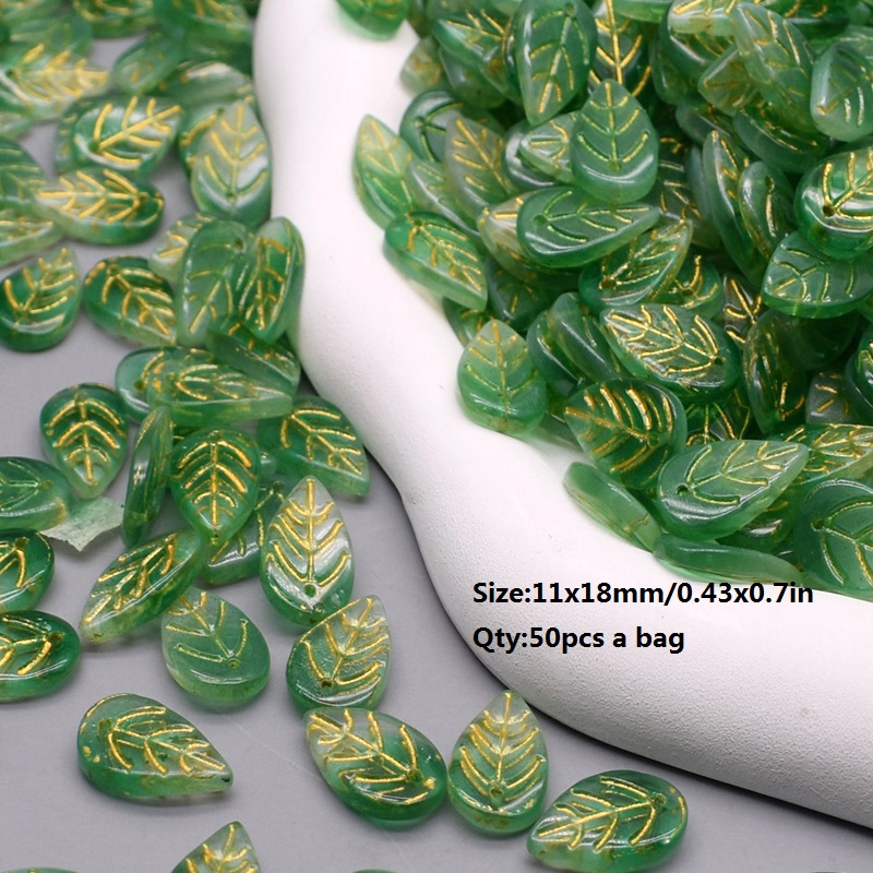 11x18mm 50pcs/Bag Green Glass Tree Leaves Charms Leafs Beads Pendants For Jewelry Making Handmade Glass Crafts Bracelet Earring: None