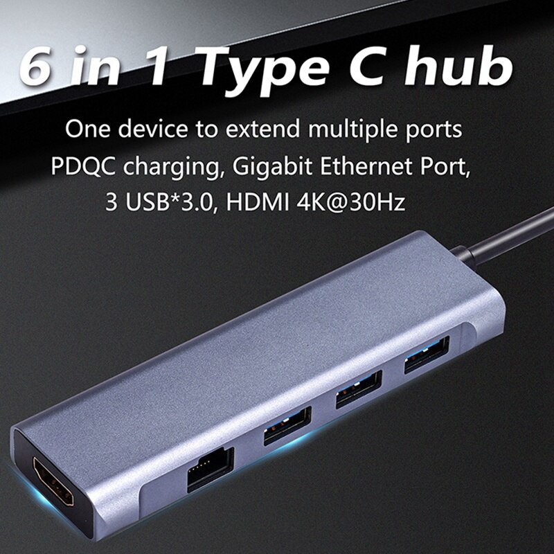 Usb c-keskitin usb-tyypin c-sovittimen telakointiasema, jossa 4k hdmi pd lataus gigabit ethernet usb 3.0 porttia varten