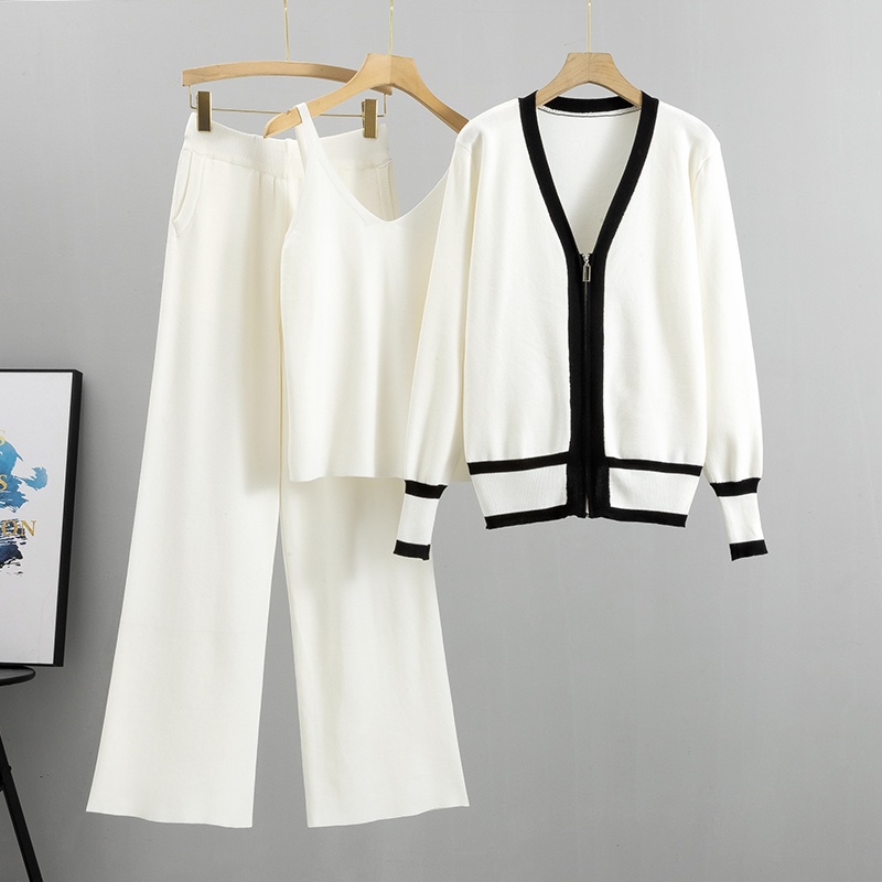 2025 nueva conjunto de 3 piezas chaleco Sexy para mujer + cárdigan de manga larga con cremallera + pantalones de cintura elástica chándal de mujer traje de punto: Blanco