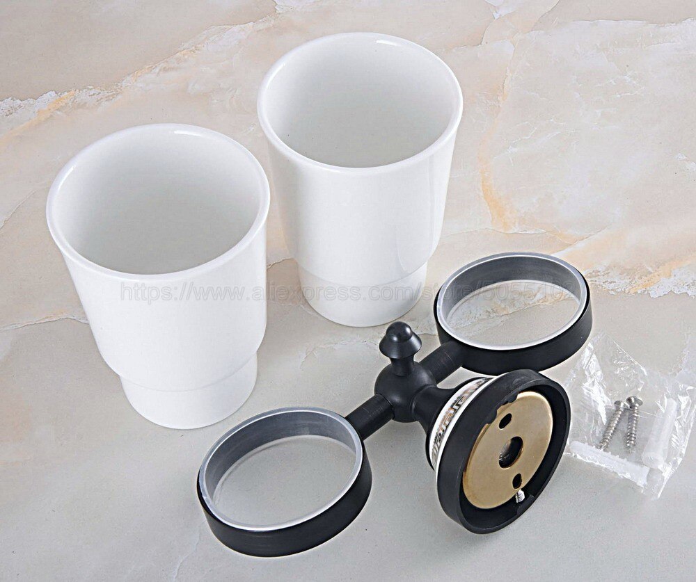 Black Oil Rubbed Bronze Bathroom Accessory Wall Mounted Toothbrush Holder with Two Ceramic Cups zba710