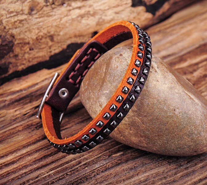 G553 Brown Rock Cool Chic Studded Single Wrap Leather Bracelet Wristband