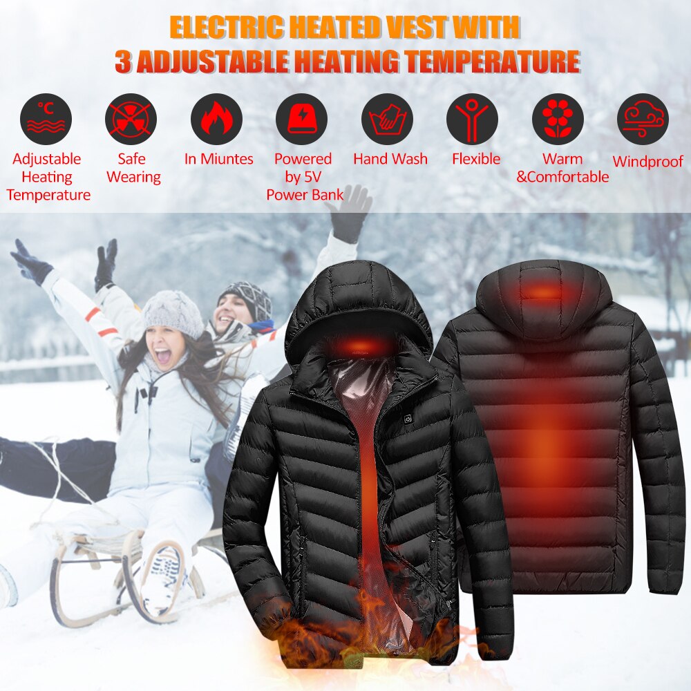 Electric Heating Coat Men Women USB Charging Heated Jacket with Removable Hood for Walking Camping Ice Snowboard coat Plus Size