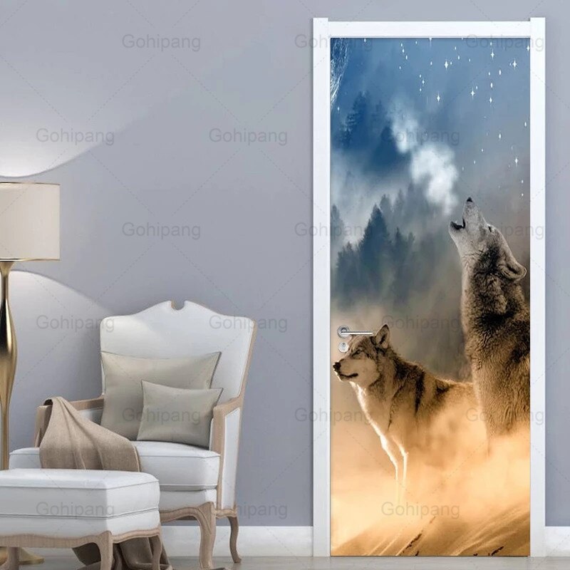 Door Sticker Starry Sky Wolf Photo Wallpaper Living Room Bedroom Home Decor Wall Stickers Door Posters Decoration