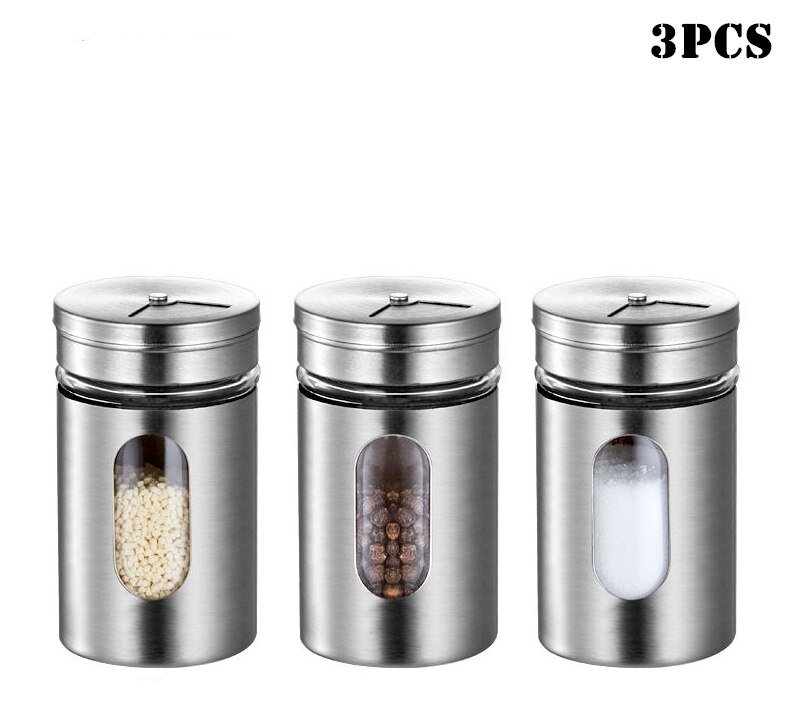 Tarros de especias de acero inoxidable, latas de condimento, tapa giratoria, salero, pimentero, palillo de dientes, botella para almacenamiento de condimentos, estante de especias de cocina: 3pcs
