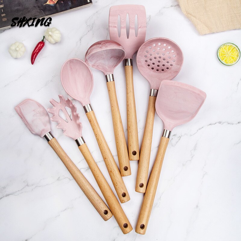Silicone Kitchenware Cooking Accessories Set Hanging Hole Storage Stand Non-stick Cookware Spatula 7 Piece Set