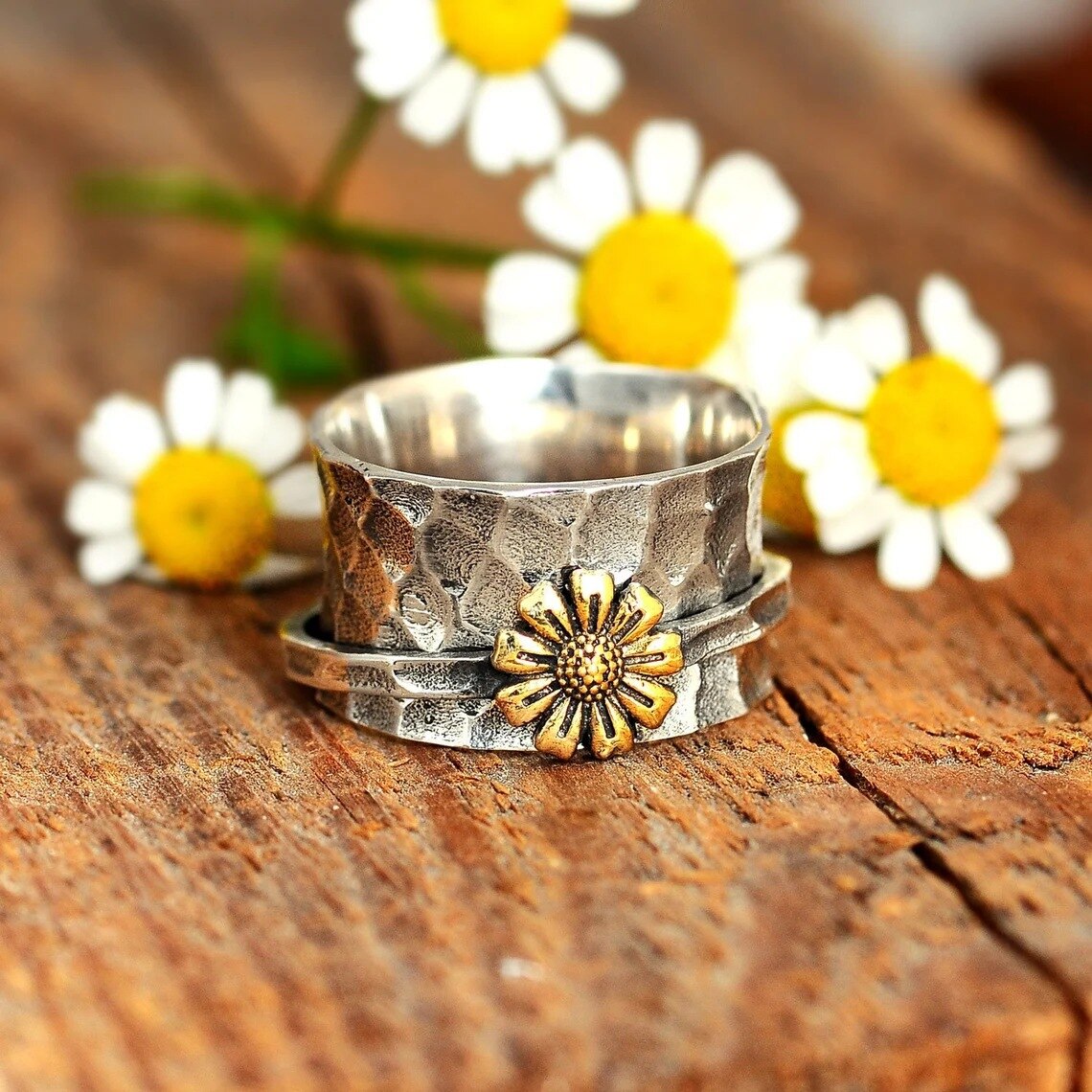 Retro Dandelion Fidget Spinner Rings for Women Anti Stress Anxiety Ring Rotatable Carved Spinning Ring Vintage Gothic Jewelry: 11 / ring 3