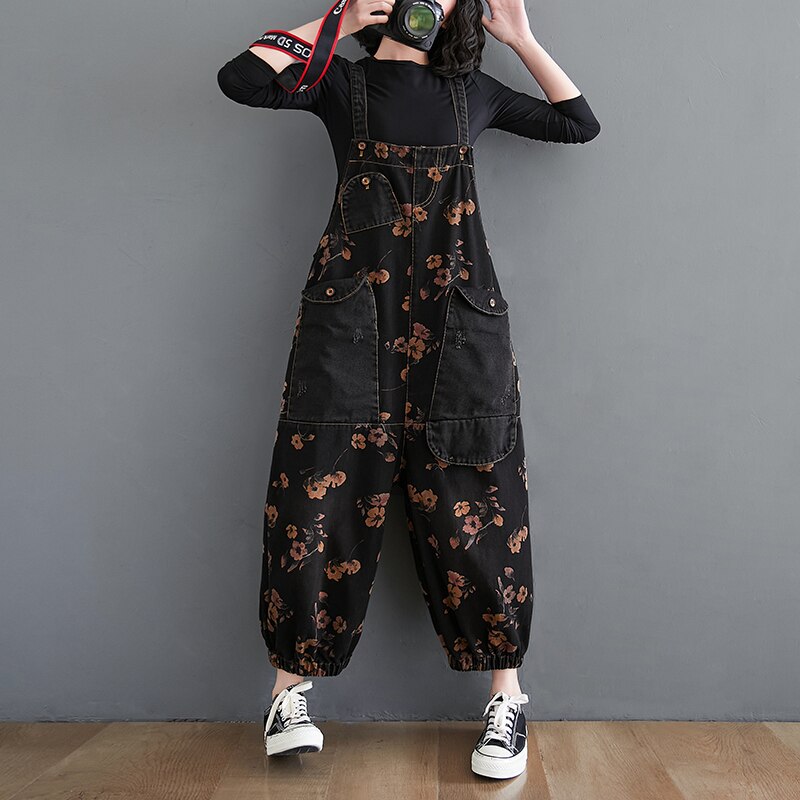 Losse Jeans Zwarte Jumpsuit Vrouwen Casual Oversized Baggy Dames Broek Grote Zakken Print Bloemen Denim Overalls Bandjes Jean Rompertjes: M