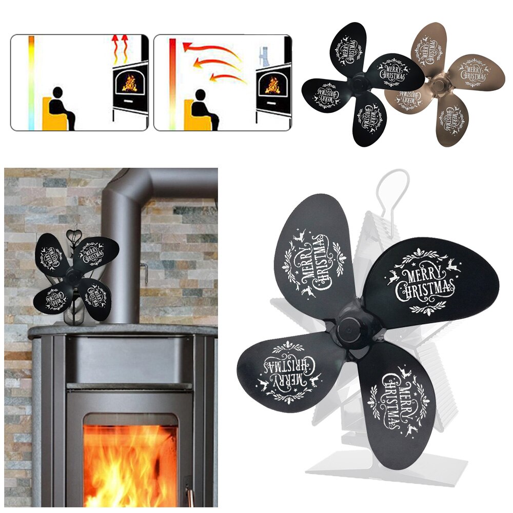 4 Blades Black Stove Fan with Temperature Monitor Fireplace Fan Wood Burner Stove Thermal Heat Power Stove Fan