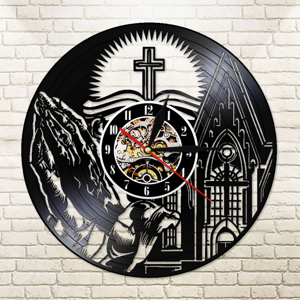 handgefertigt Vinyl Wanduhr Uhr Jahrgang in Gott der Zeit Schrift Bibel Kreuz Saat Jesus Christian Religiöse Spirituelle Rekordzeit